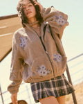 Floral-Embroidered Sherpa Fleece Zip-Up Jacket