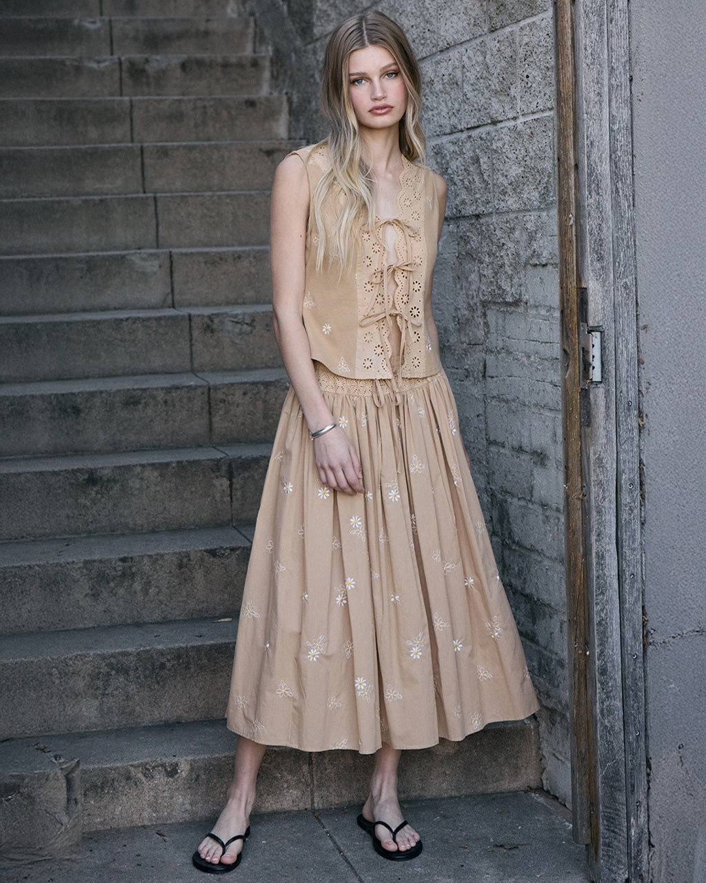 Daisy Embroidered Smocked Midi Skirt