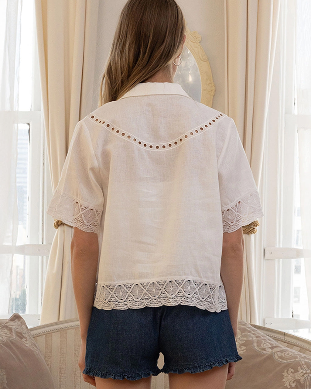 Embroidered Lace Trim Button Blouse - Ivory