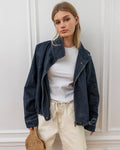 High Neck Drawstring Hem Denim Jacket