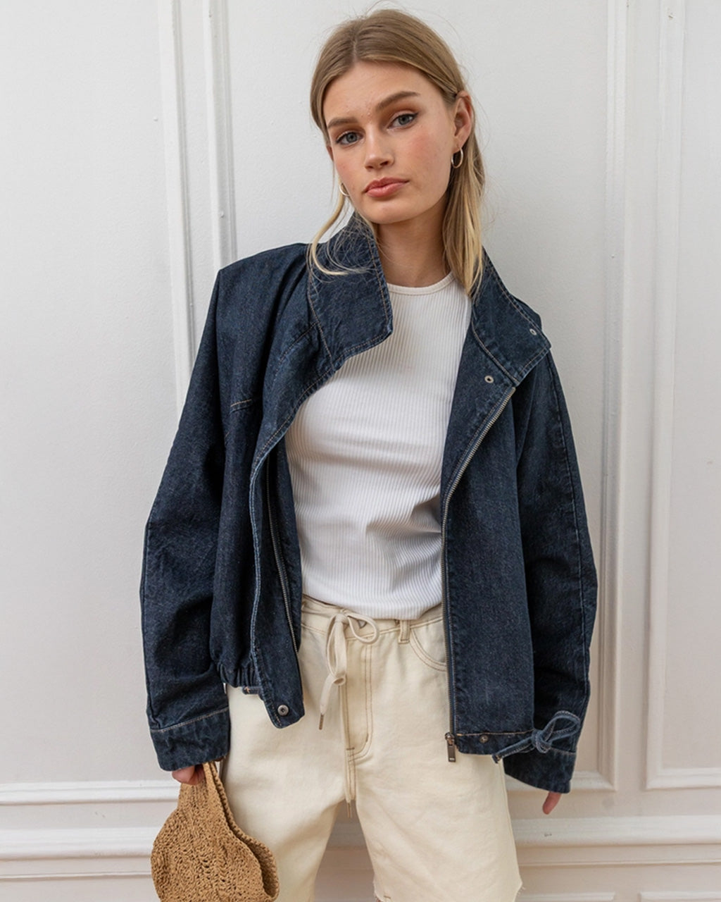 High Neck Drawstring Hem Denim Jacket