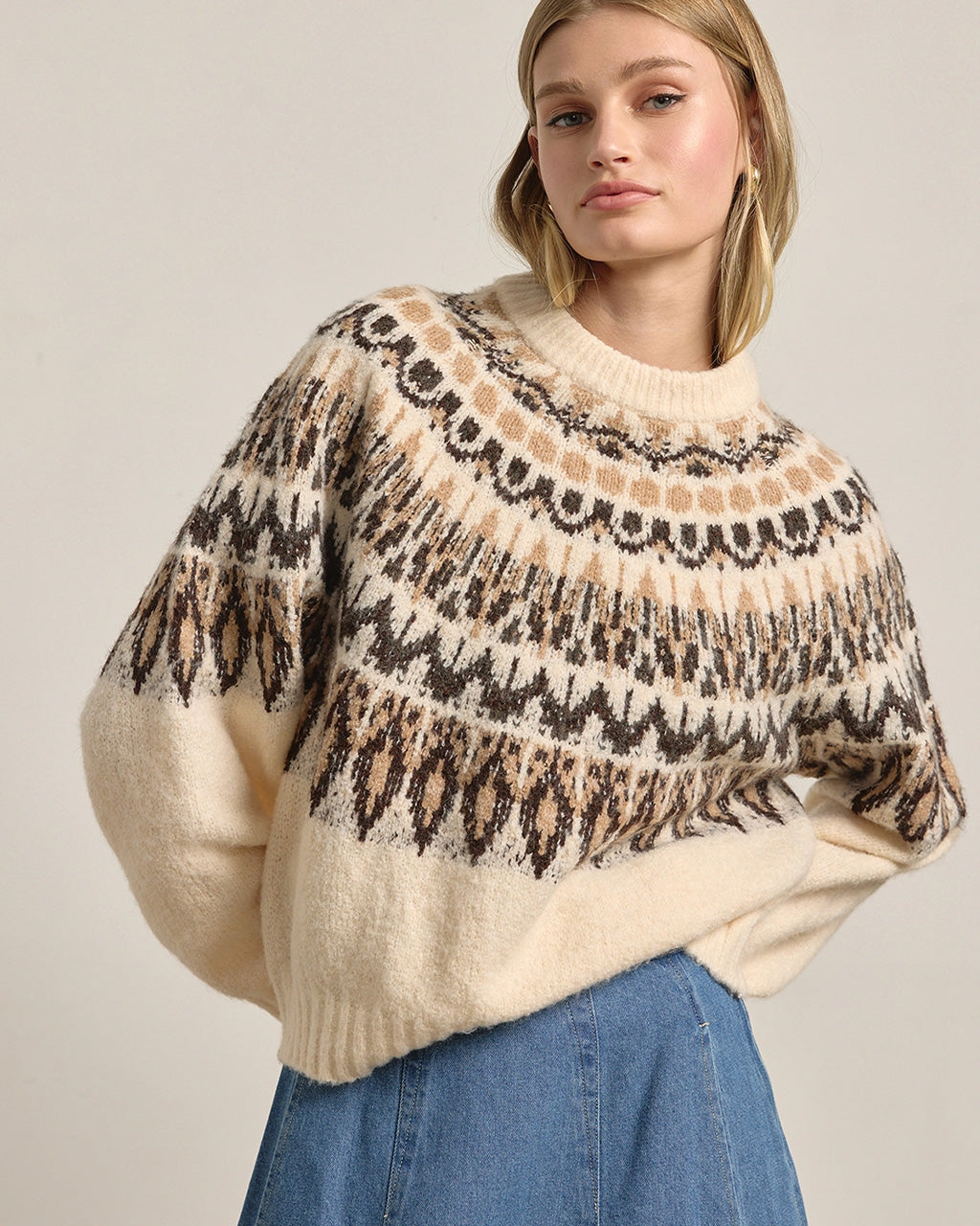 Nordic Pattern Knit Sweater - Ivory Mix