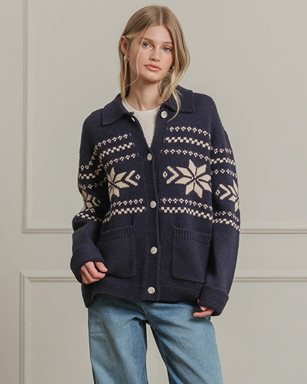 Nordic Snowflake Knit Cardigan - Navy