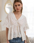 Polka Dot Eyelet Collar Blouse
