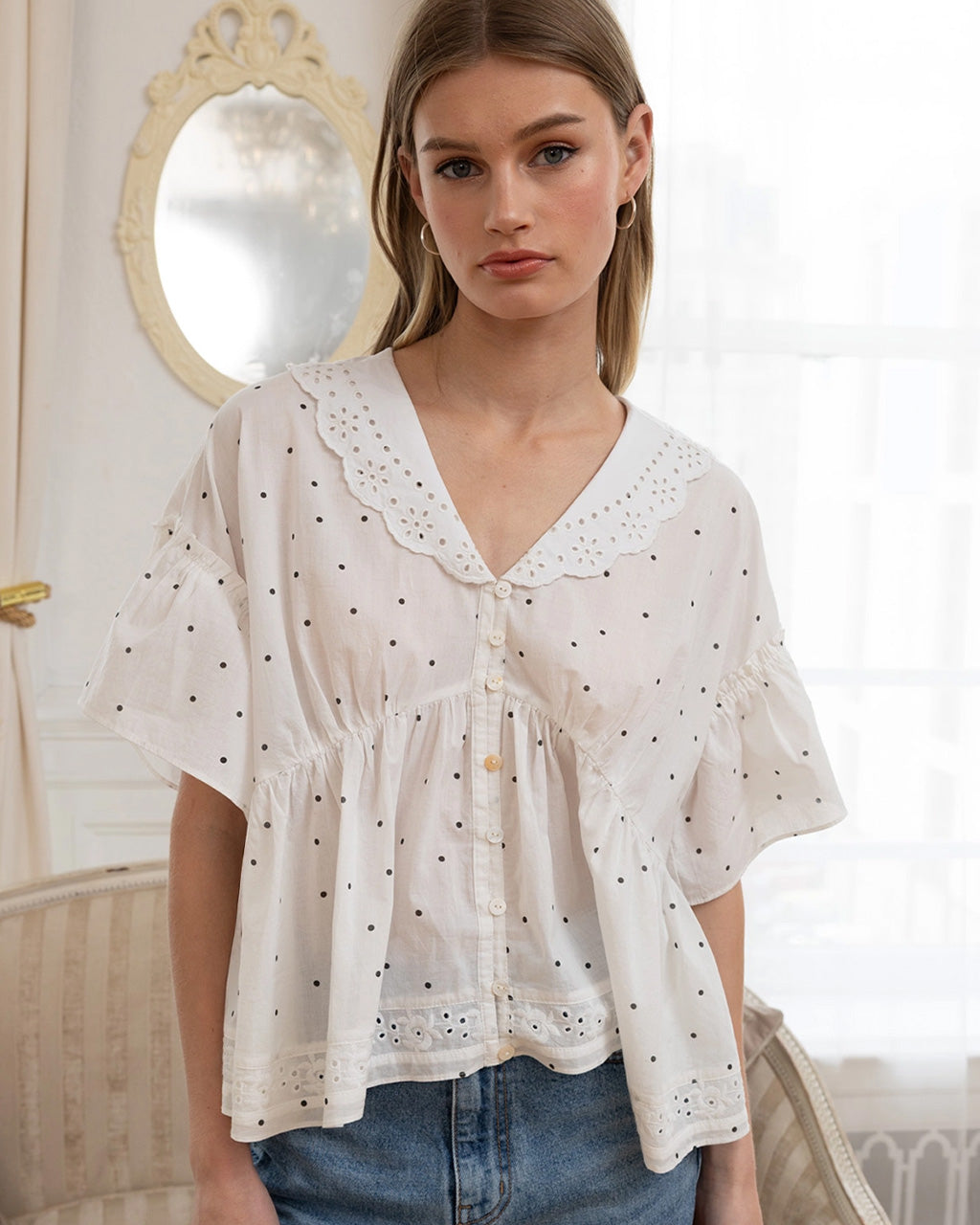 Polka Dot Eyelet Collar Blouse
