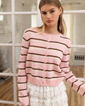 Striped Button-Up Knit Cardigan - Blush Mocha Stripe