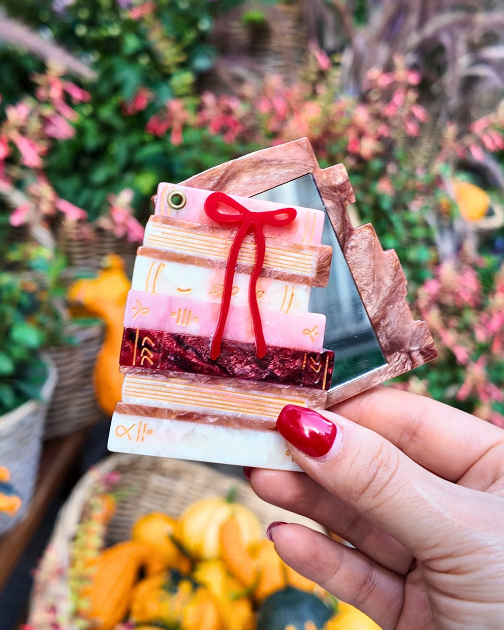 Hand-painted Bow Bookstack Compact Mirror