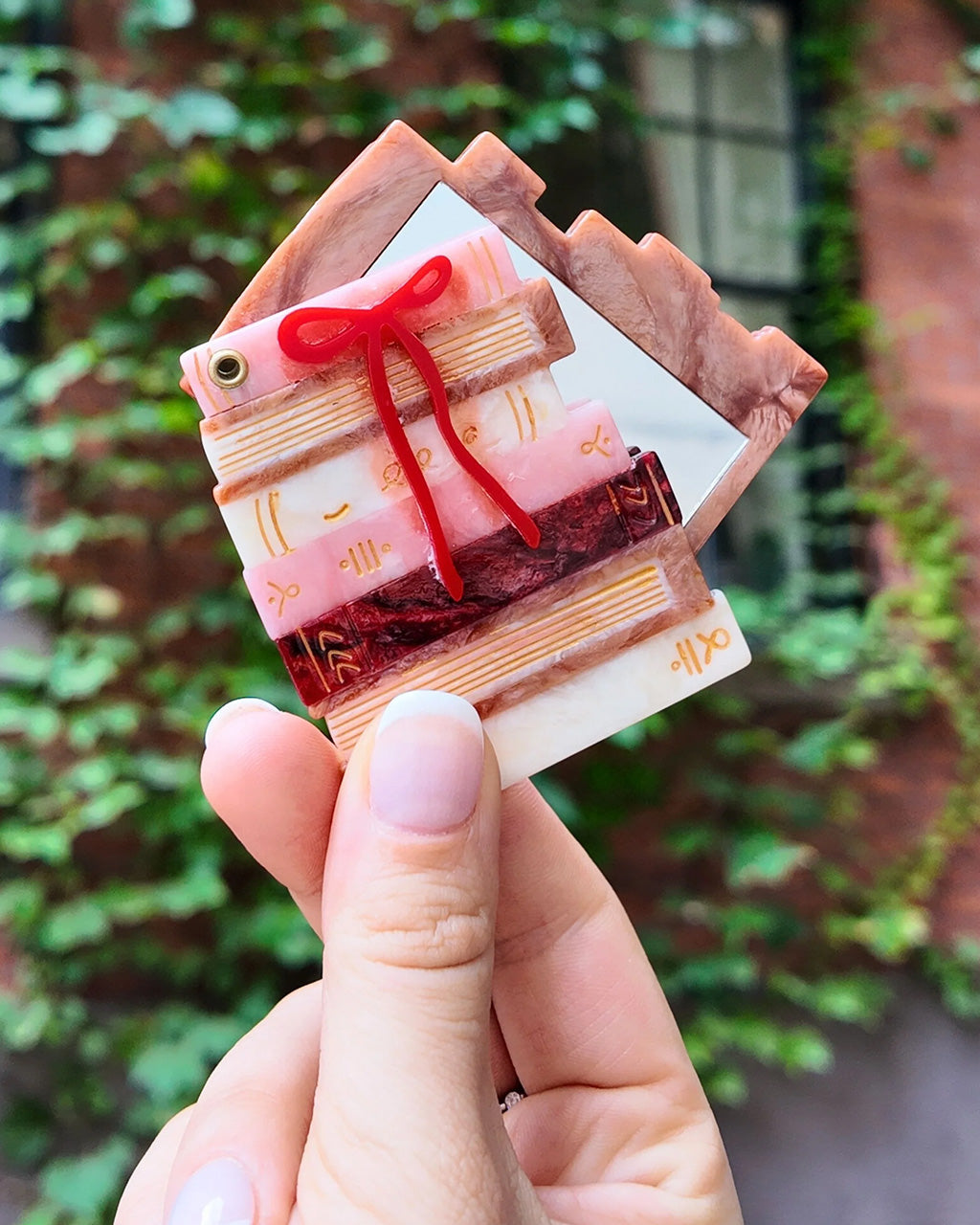Hand-painted Bow Bookstack Compact Mirror