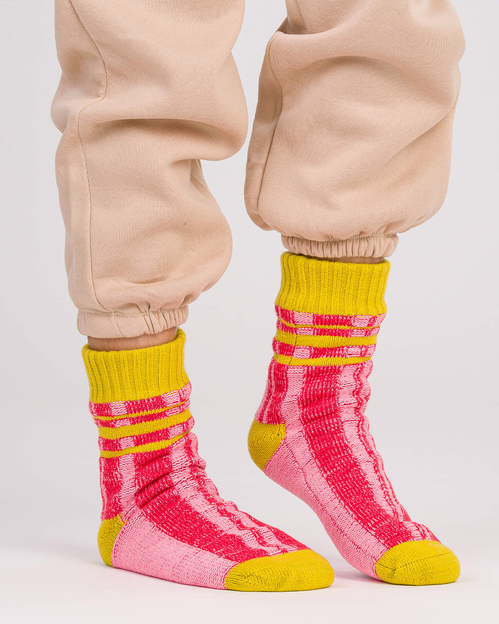 Plaid Stripe House Socks - Pink Red