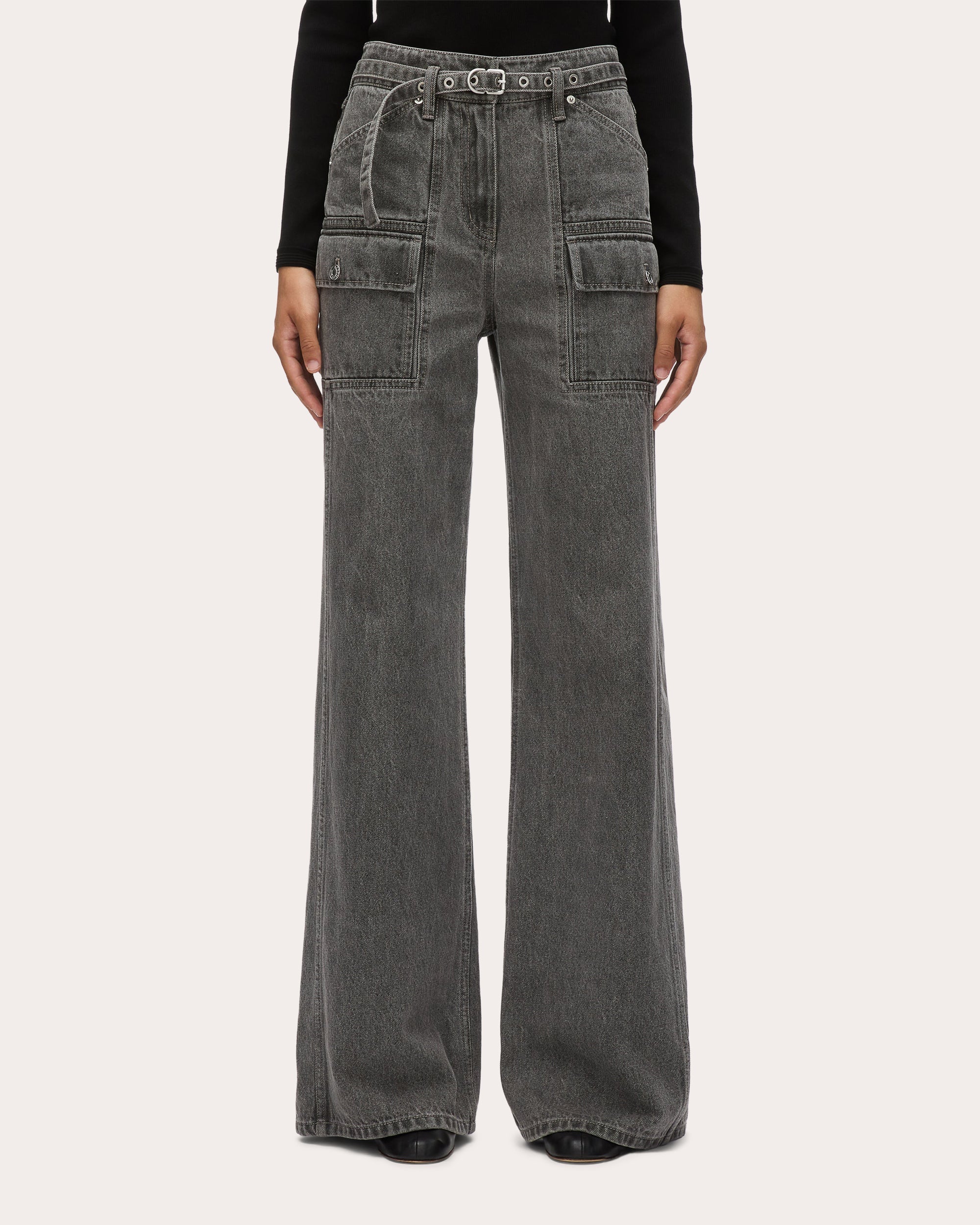 Belted Acid-Washed Wide-Leg Cargo Jeans