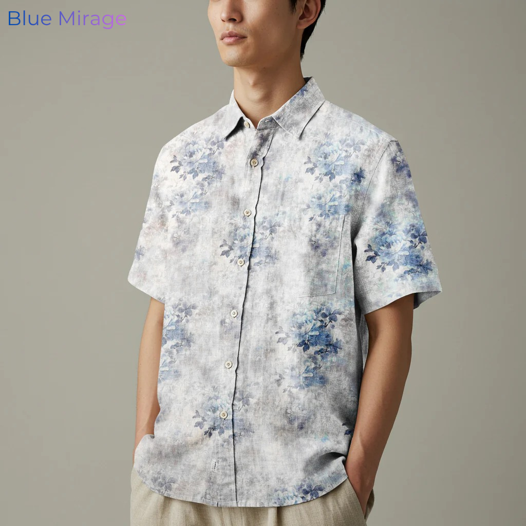 HARBORTIDE-MSS Men's Blue Printed Linen Shirt – Short Sleeve, Custom Fit