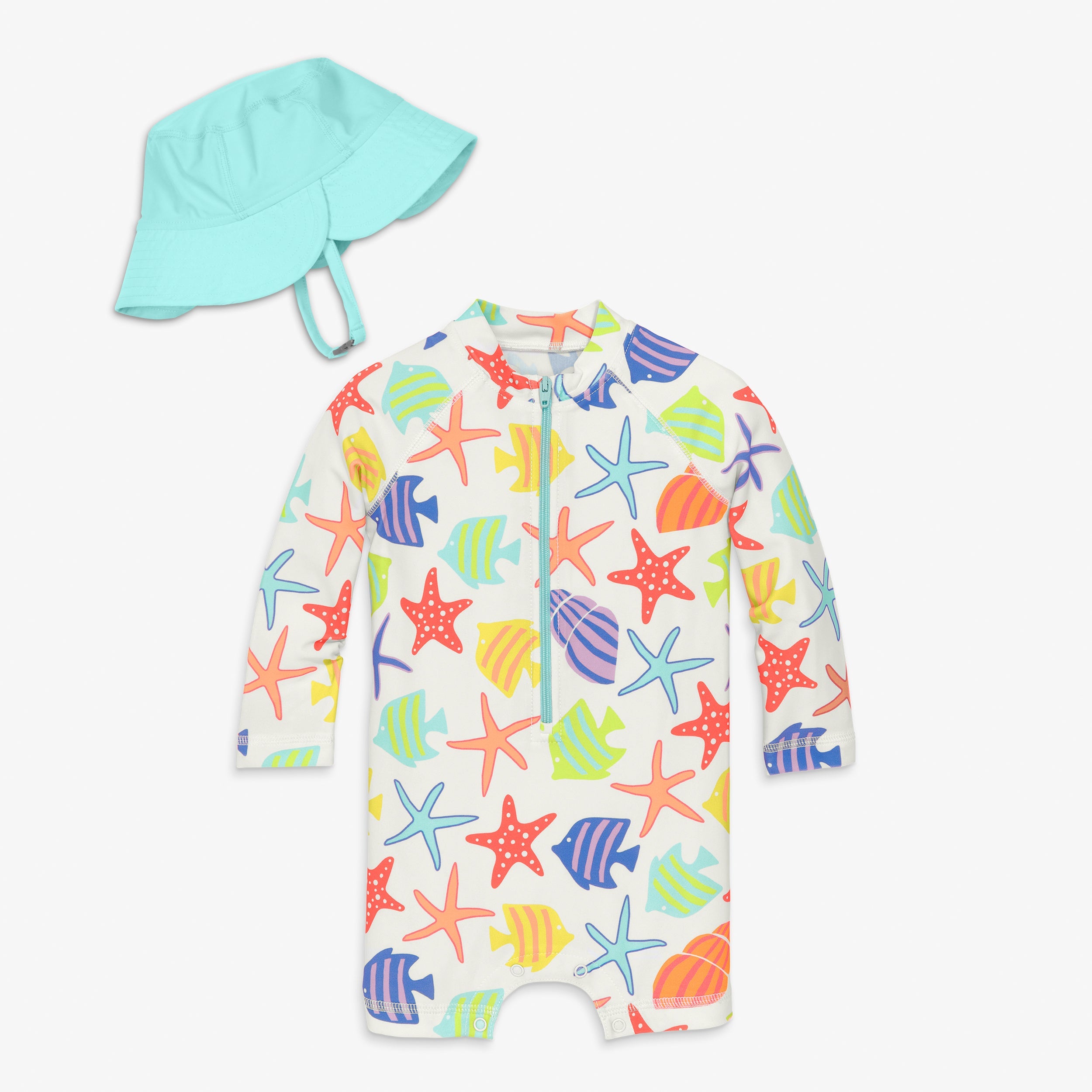 Baby one-piece rash guard & hat in under the sea
