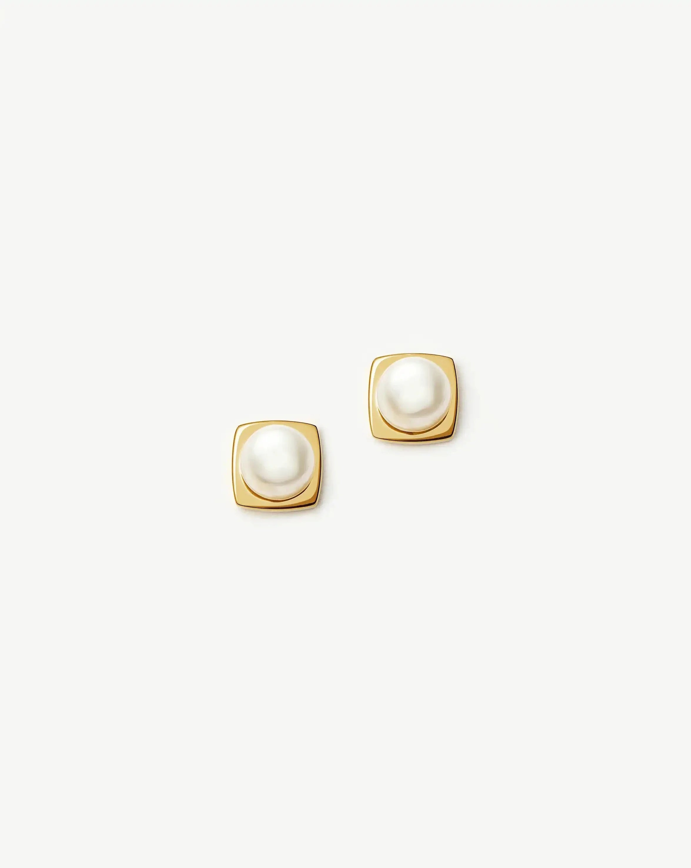 Button Pearl Square Stud Earrings  | 18ct Gold Vermeil/Pearl