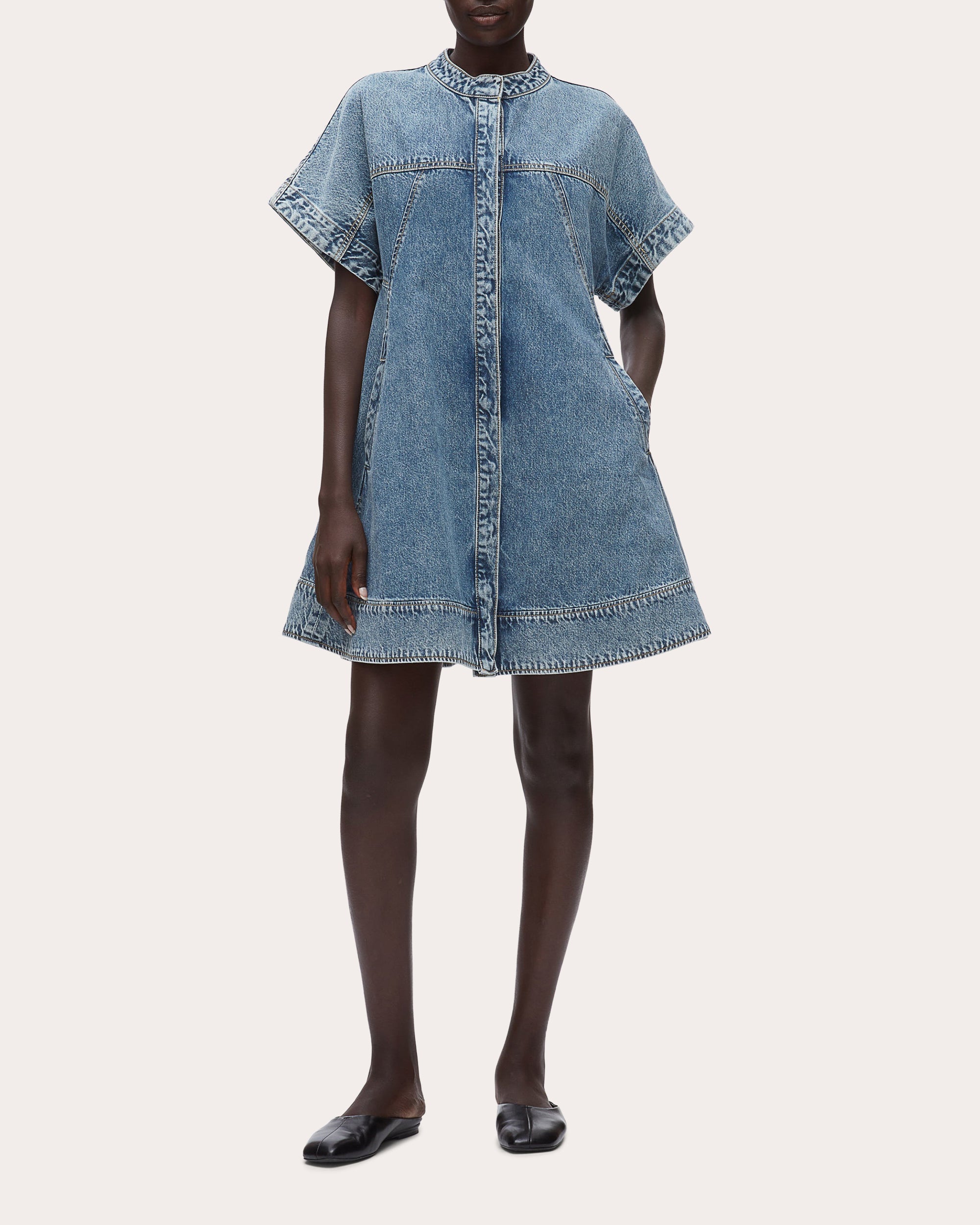 Denim Short-Sleeve Trapeze Dress