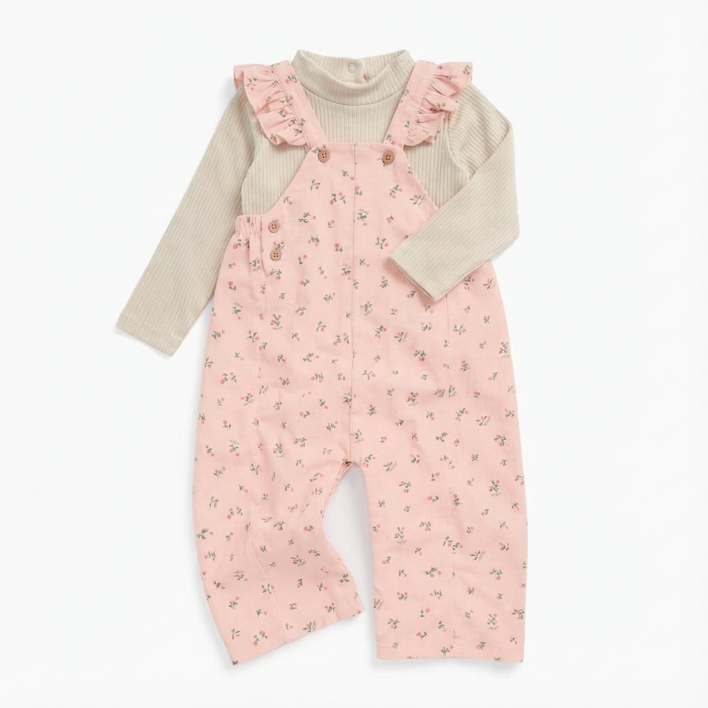 Ribbed Long Sleeve Bodysuit & Floral Frilled Soft Corduroy Dungarees Outfit