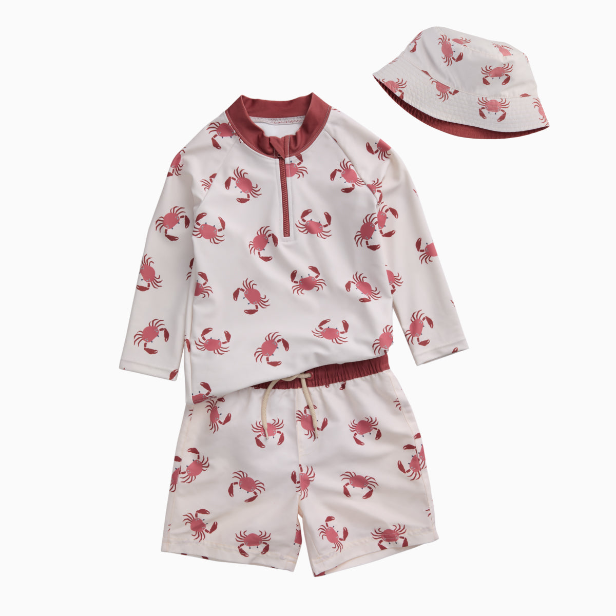 KIDLY by MORI Rash Vest, Swim Shorts & Bucket Hat - Crab Print