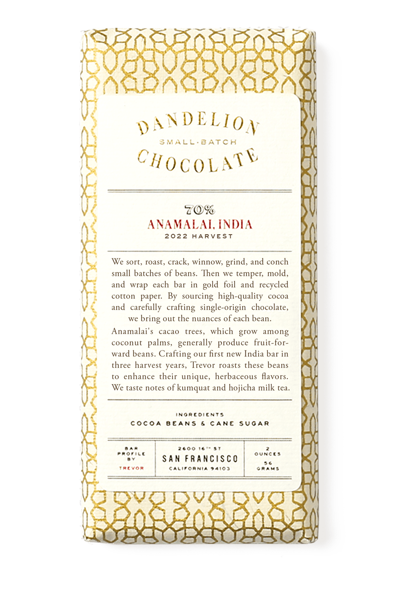Anamalai, India 70% 2022 Harvest Single-Origin Chocolate Bar