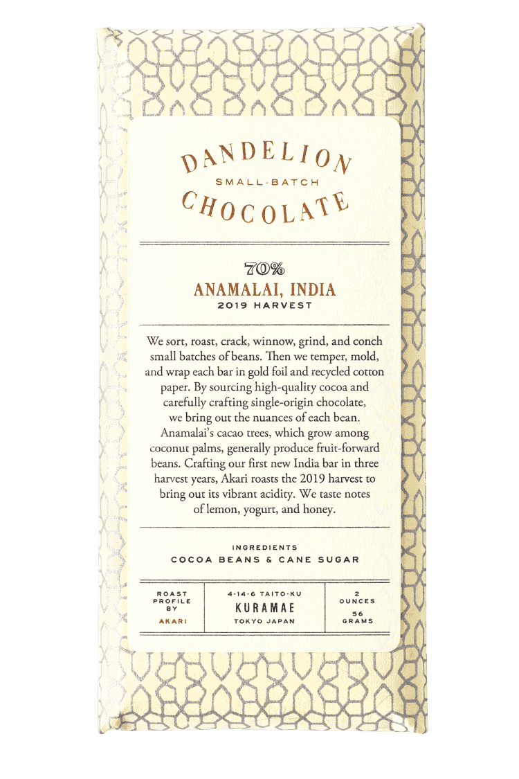 Dandelion Chocolate Japan - Anamalai, India 70% 2019 Harvest Single-Origin Chocolate Bar