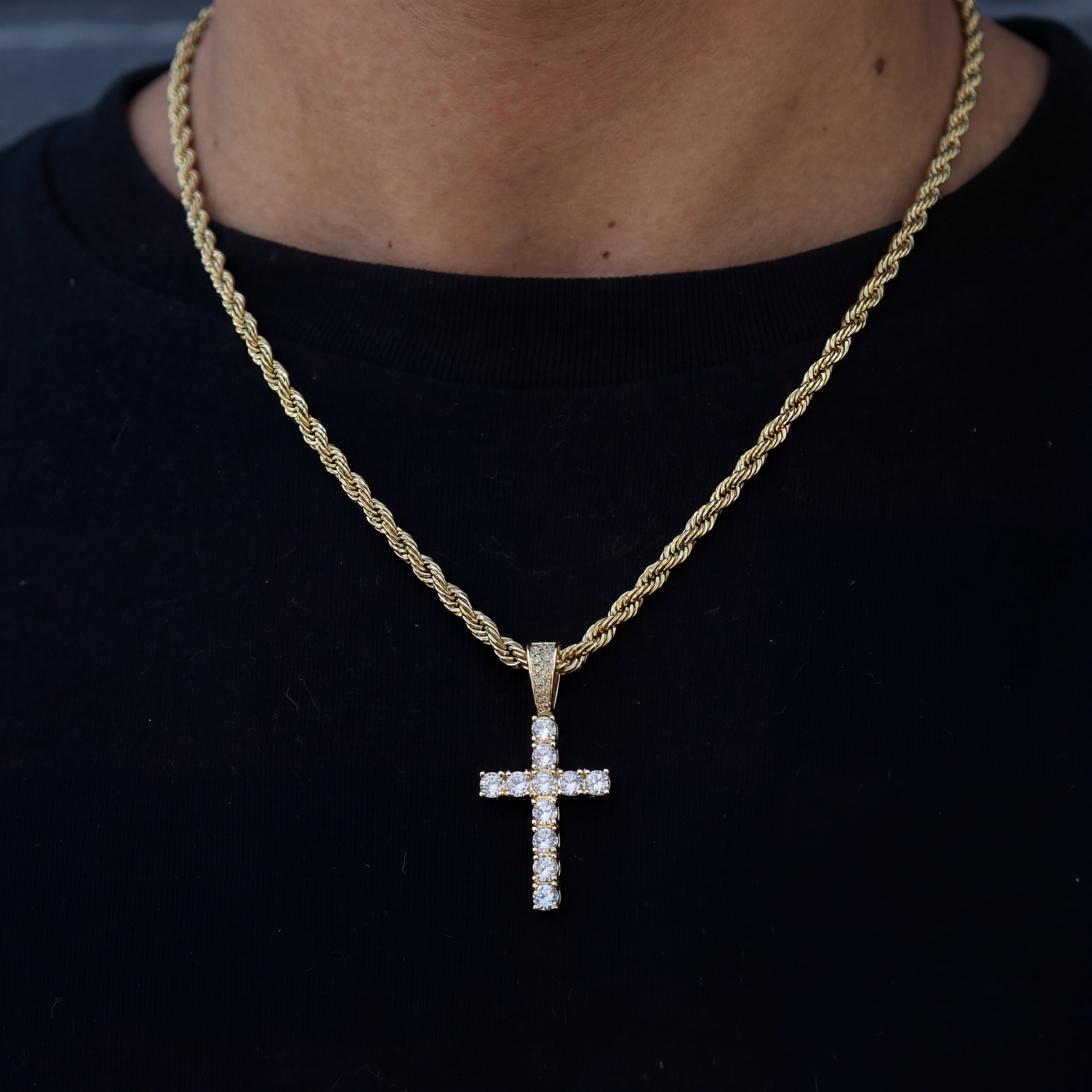 Diamond Cross Pendant + 4mm Rope Chain Set in Yellow Gold