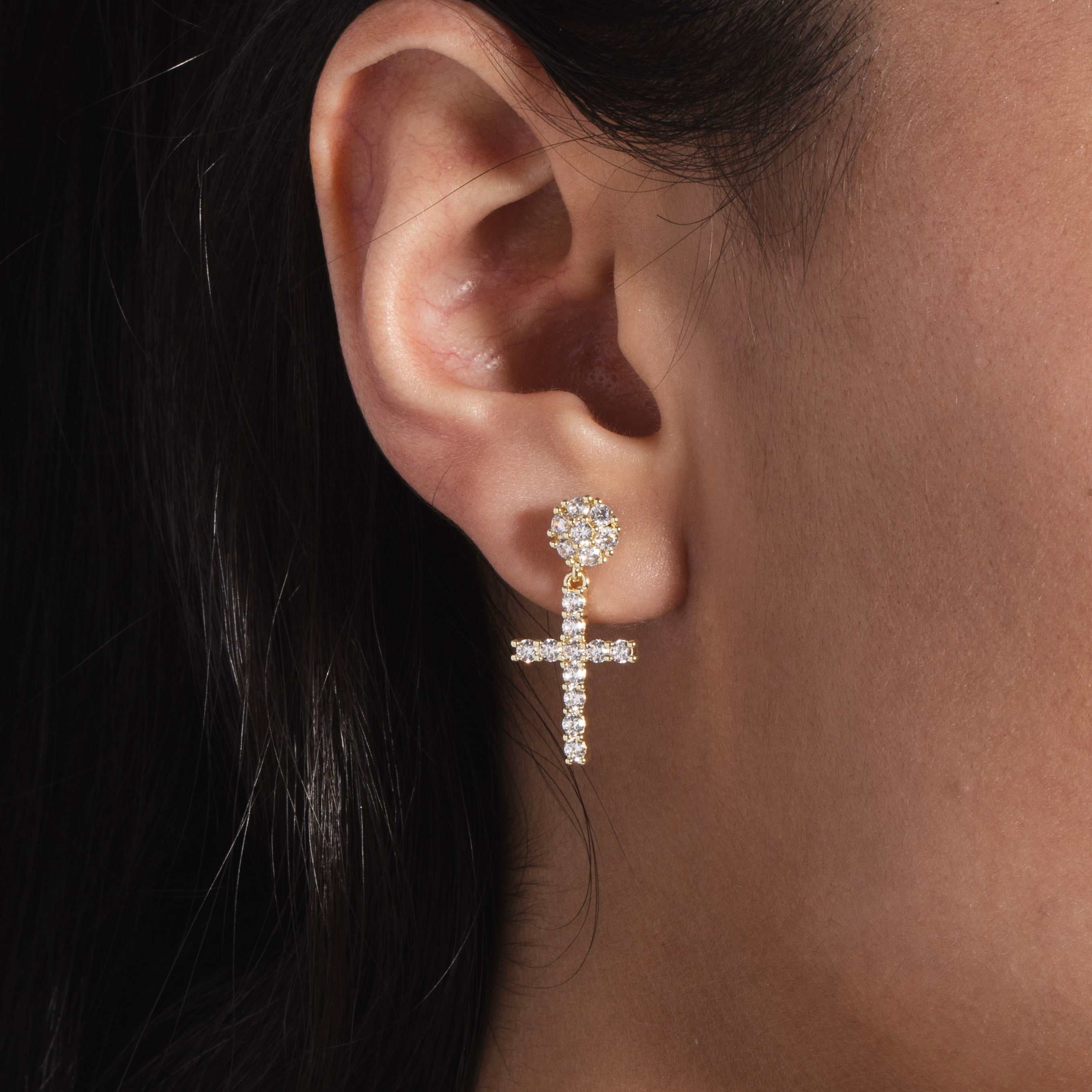 GLD Diamond Studded Cross Earrings in Yellow Gold