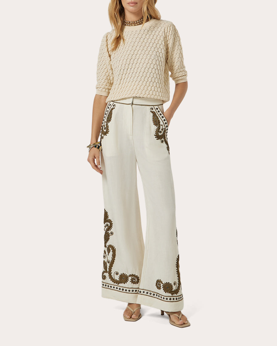 Taylen Embroidered Paisley Beaded Flare Trousers