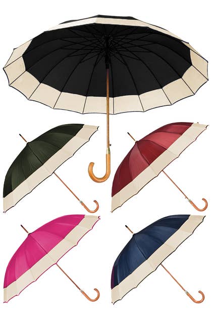 Extra Wide Stripe 16 Panel Wooden Handle Umbrella