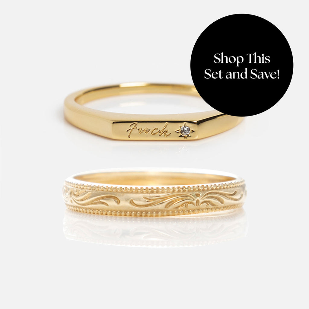Solid Gold Tiny Fuck Filigree Stacking Ring Set