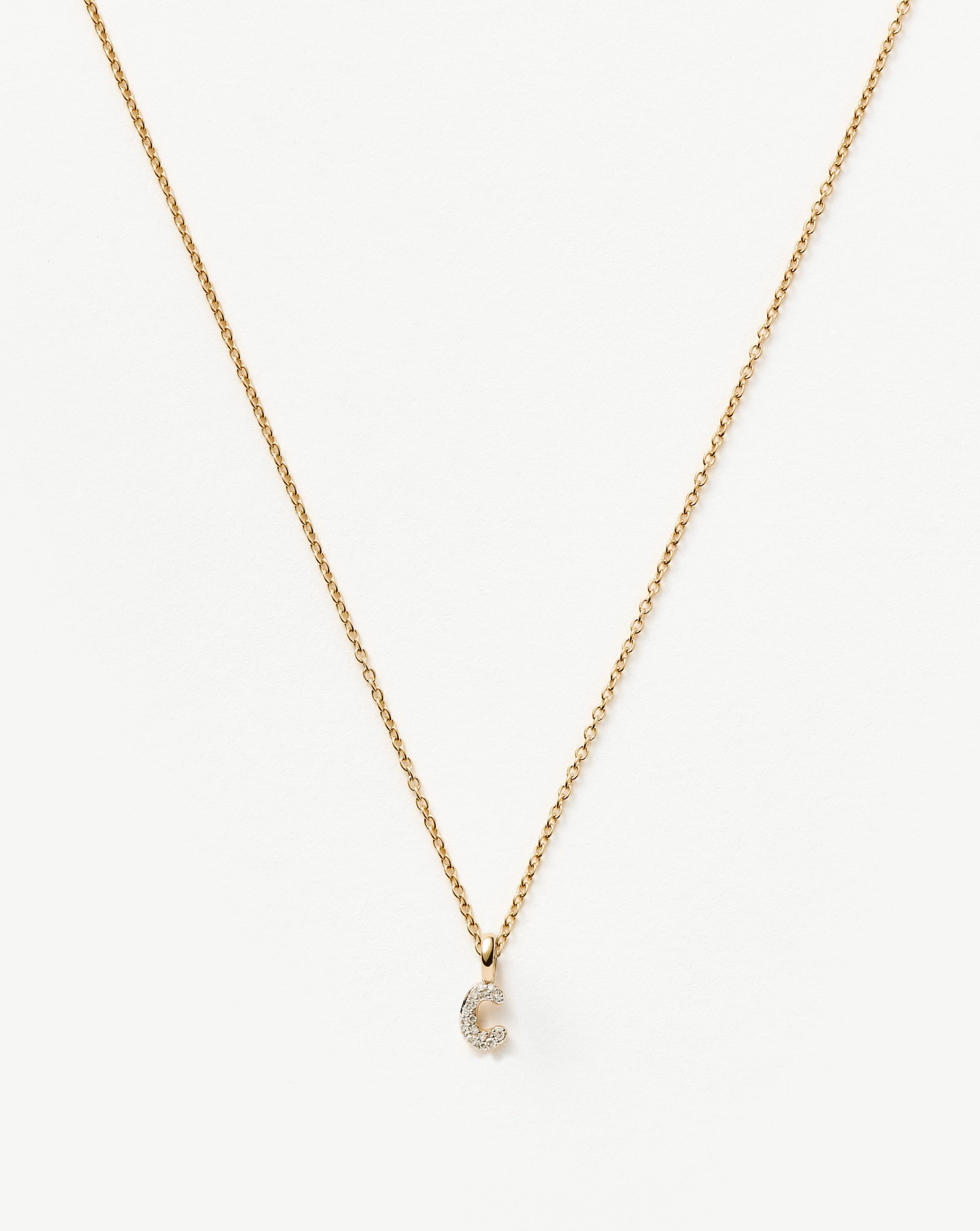 Solid Gold Diamond Initial Mini Pendant Necklace - C| 14ct Solid Yellow Gold Plated/Diamond