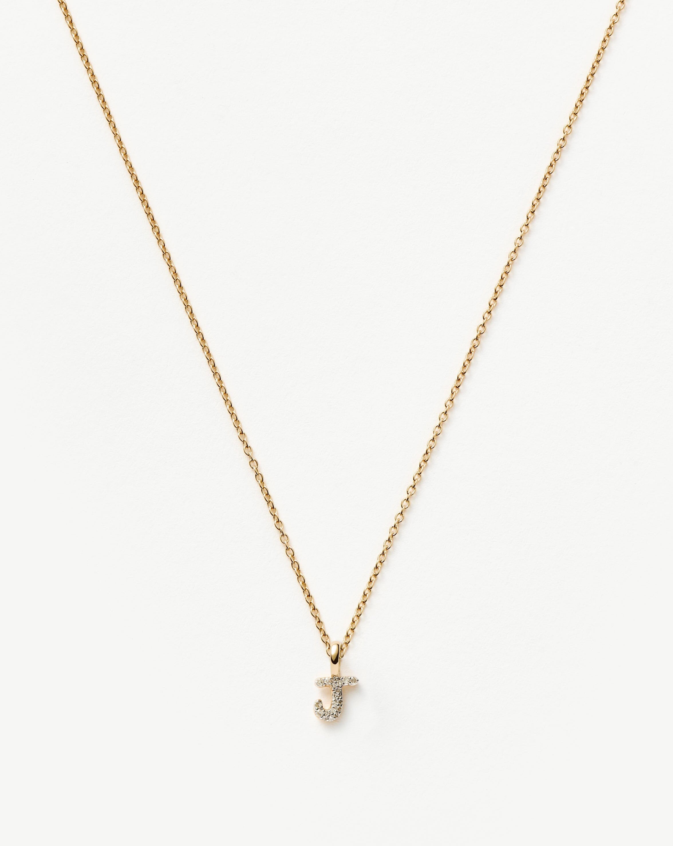 Solid Gold Diamond Initial Mini Pendant Necklace - J | 14ct Solid Yellow Gold Plated/Diamond