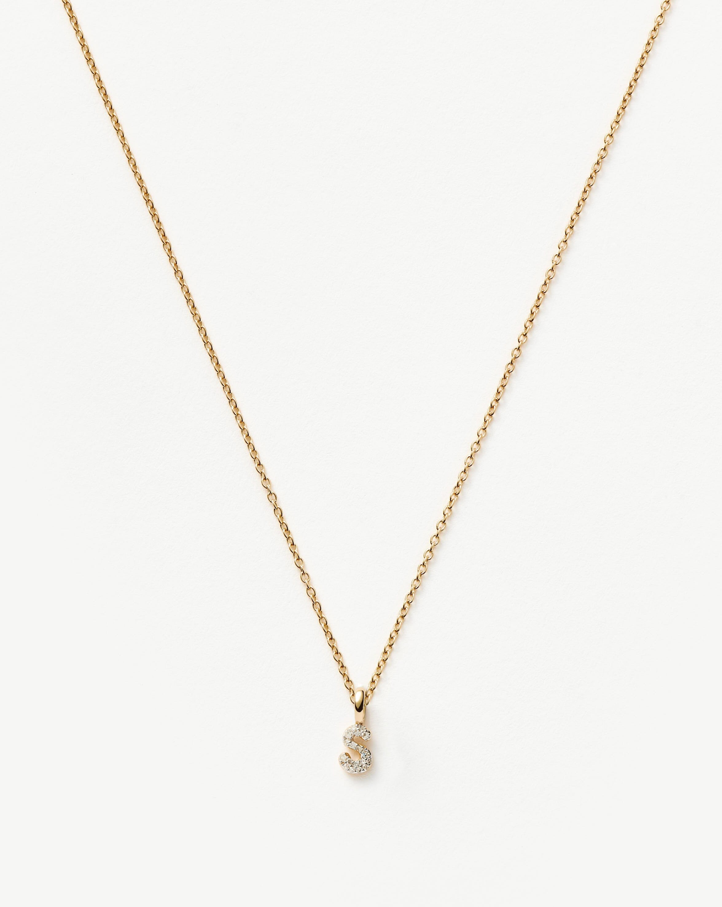 Solid Gold Diamond Initial Mini Pendant Necklace - S | 14ct Solid Yellow Gold Plated/Diamond