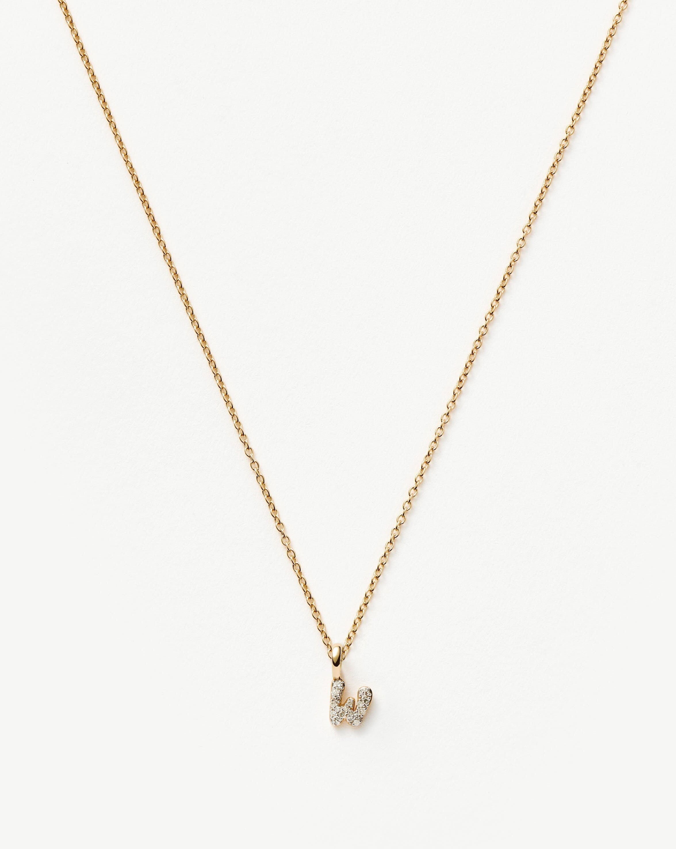 Solid Gold Diamond Initial Mini Pendant Necklace - W | 14ct Solid Yellow Gold Plated/Diamond
