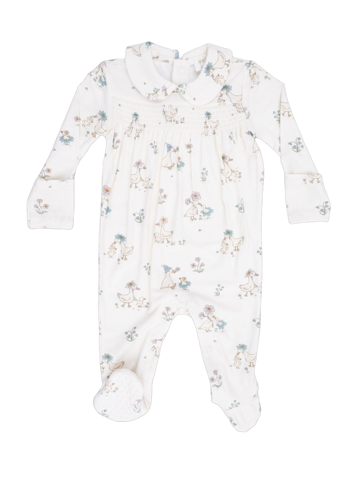 Smocked Peter Pan Footie, Flower Ducklings