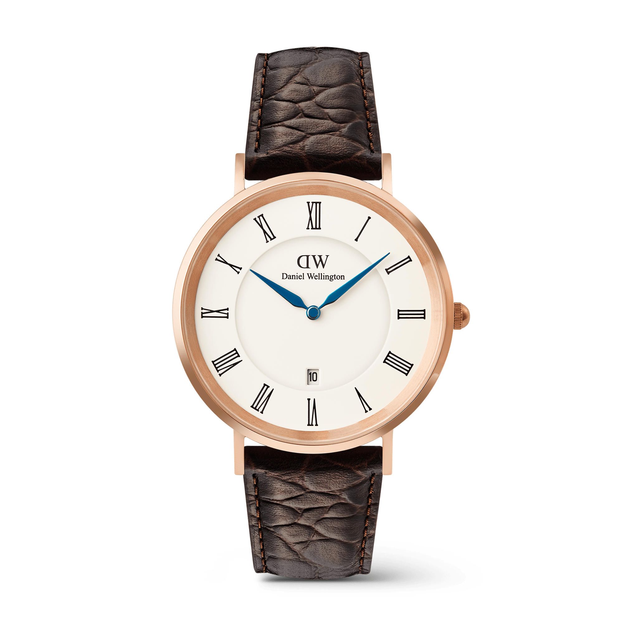 Classic Roman Numerals Date Dark Brown Croc Belly Rose Gold