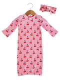 Organic Waffle Gown & Bow Set, Pink Cherries