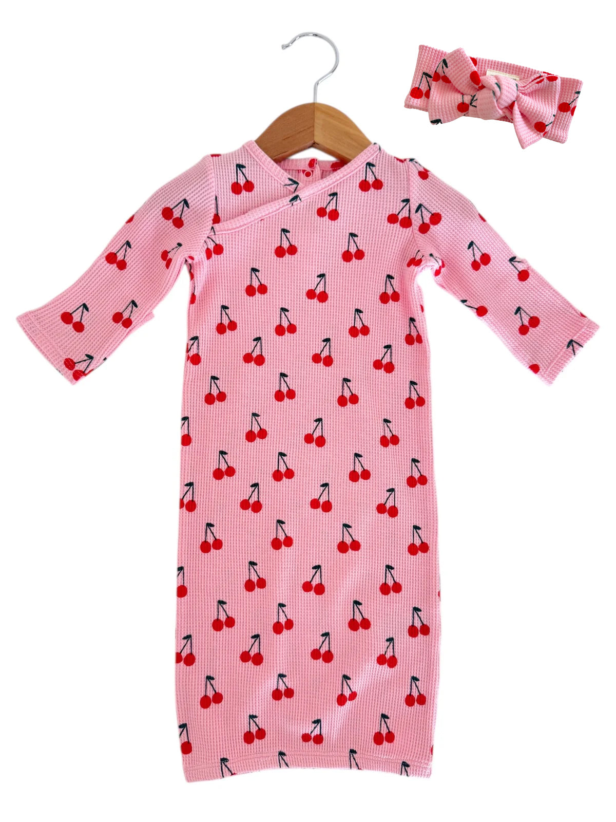 Organic Waffle Gown & Bow Set, Pink Cherries