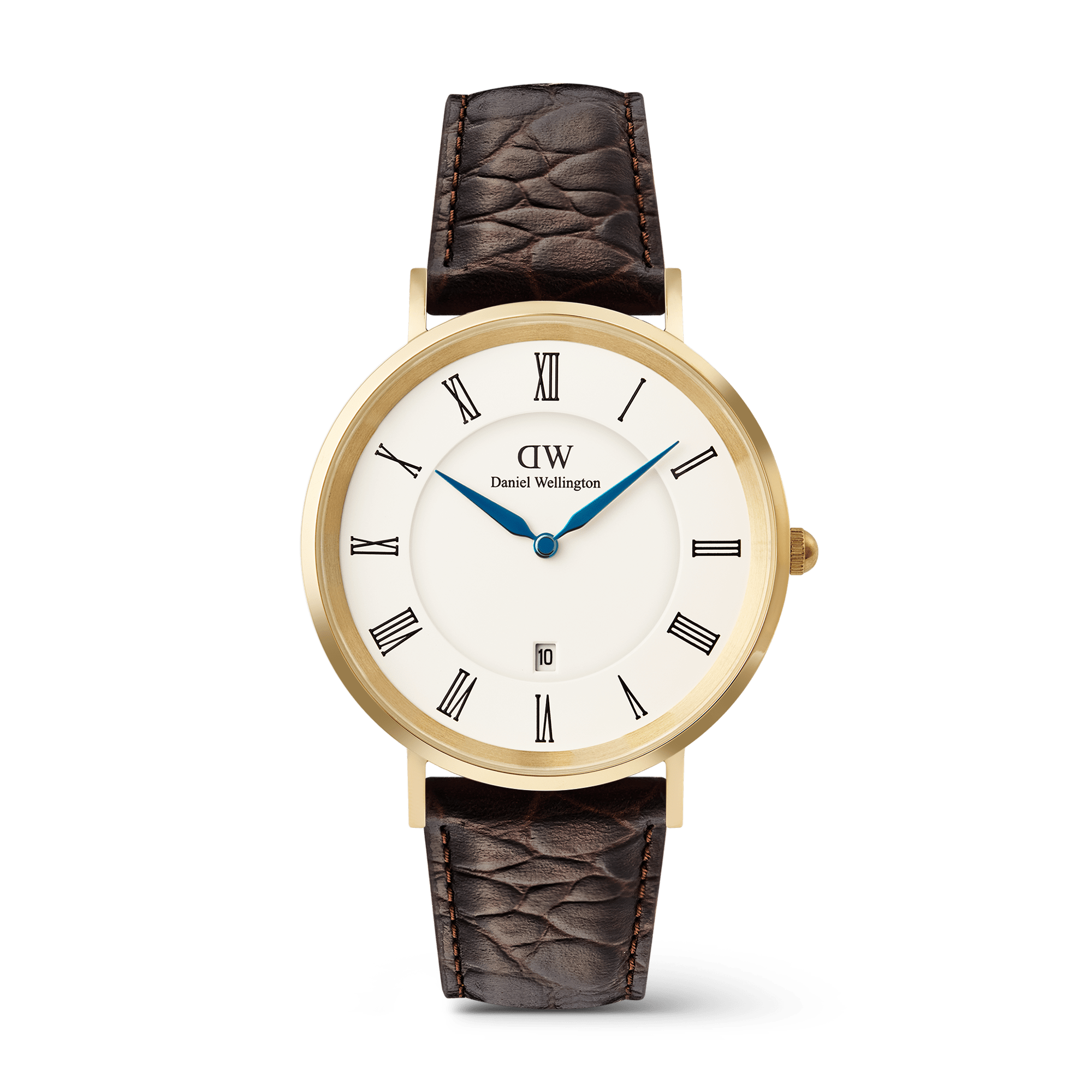 Classic Roman Numerals Date Dark Brown Croc Belly Gold