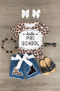 "Hello Preschool - 6th Grade" Cheetah Denim Short Set