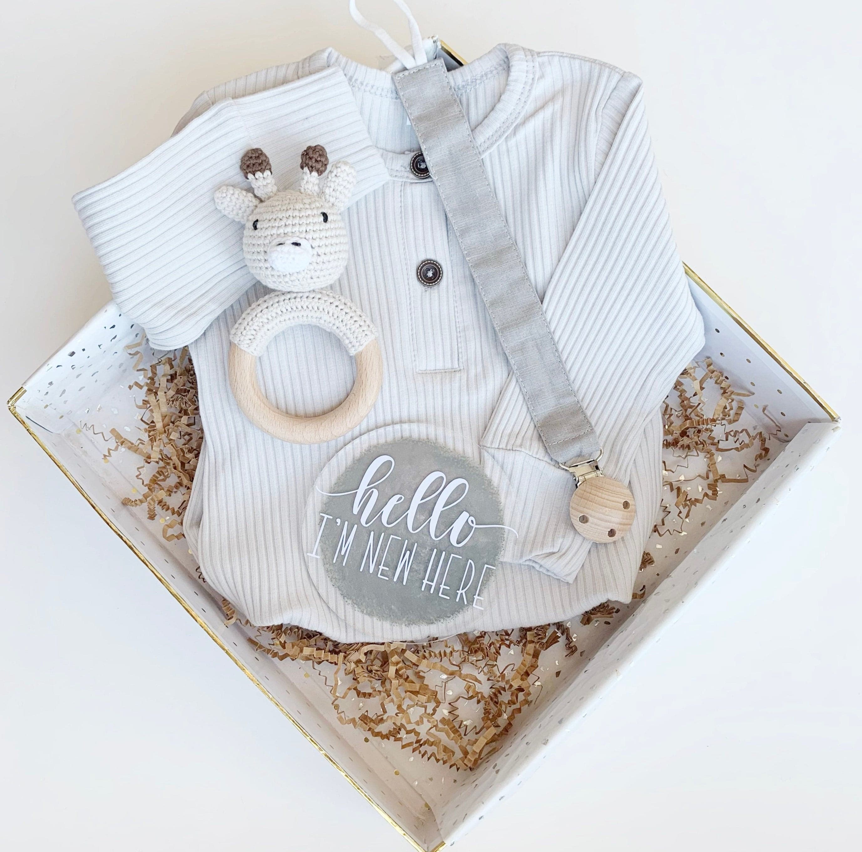 Gender Neutral Baby Gift Box Set - Grey Baby Blanket, Soother Clip and Shoes