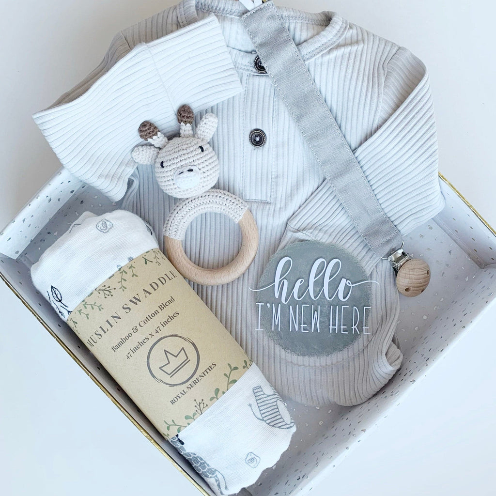 Gender Neutral Baby Gift Box Set - Grey Baby Blanket, Soother Clip and Shoes