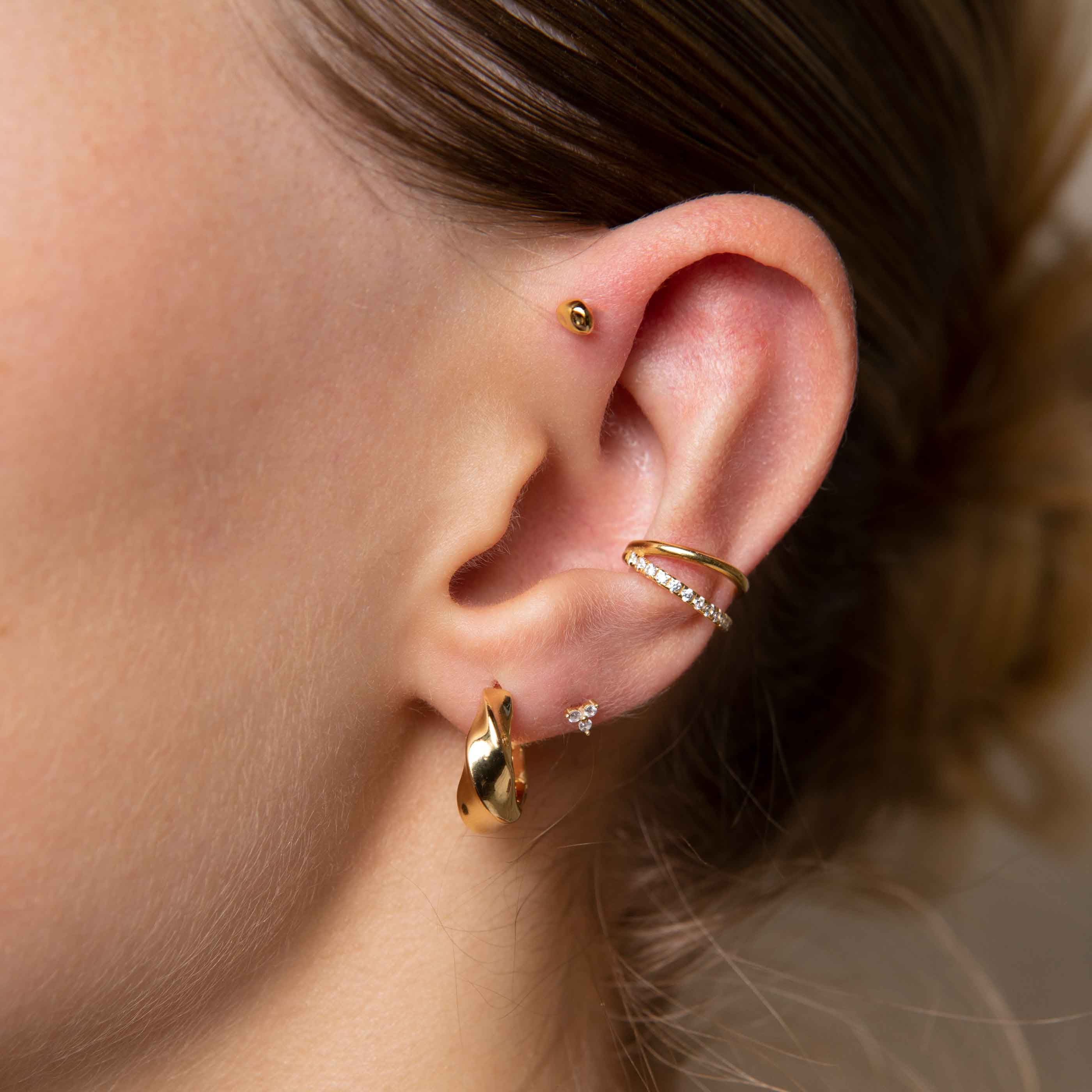 Triple Crystal Stud Earrings in Gold
