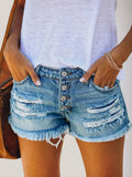 Blue Zone Planet | Straight-Breasted Ripped Fringed Denim Shorts