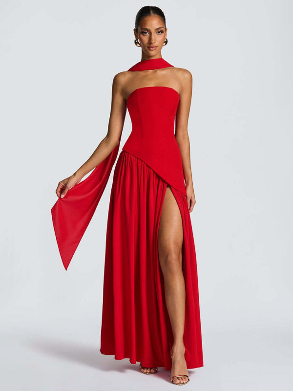 Desiree's Strapless Solid Color Open Back Slit Maxi Party Dress