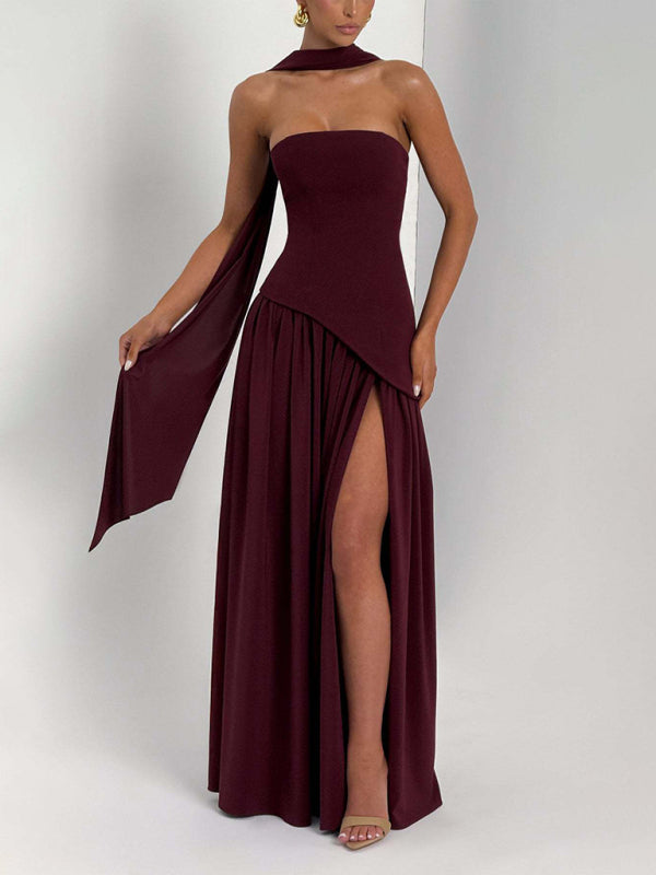 Desiree's Strapless Solid Color Open Back Slit Maxi Party Dress