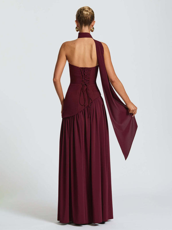 Desiree's Strapless Solid Color Open Back Slit Maxi Party Dress