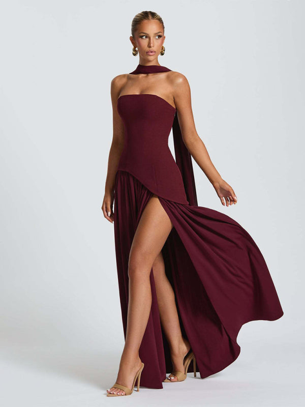 Desiree's Strapless Solid Color Open Back Slit Maxi Party Dress