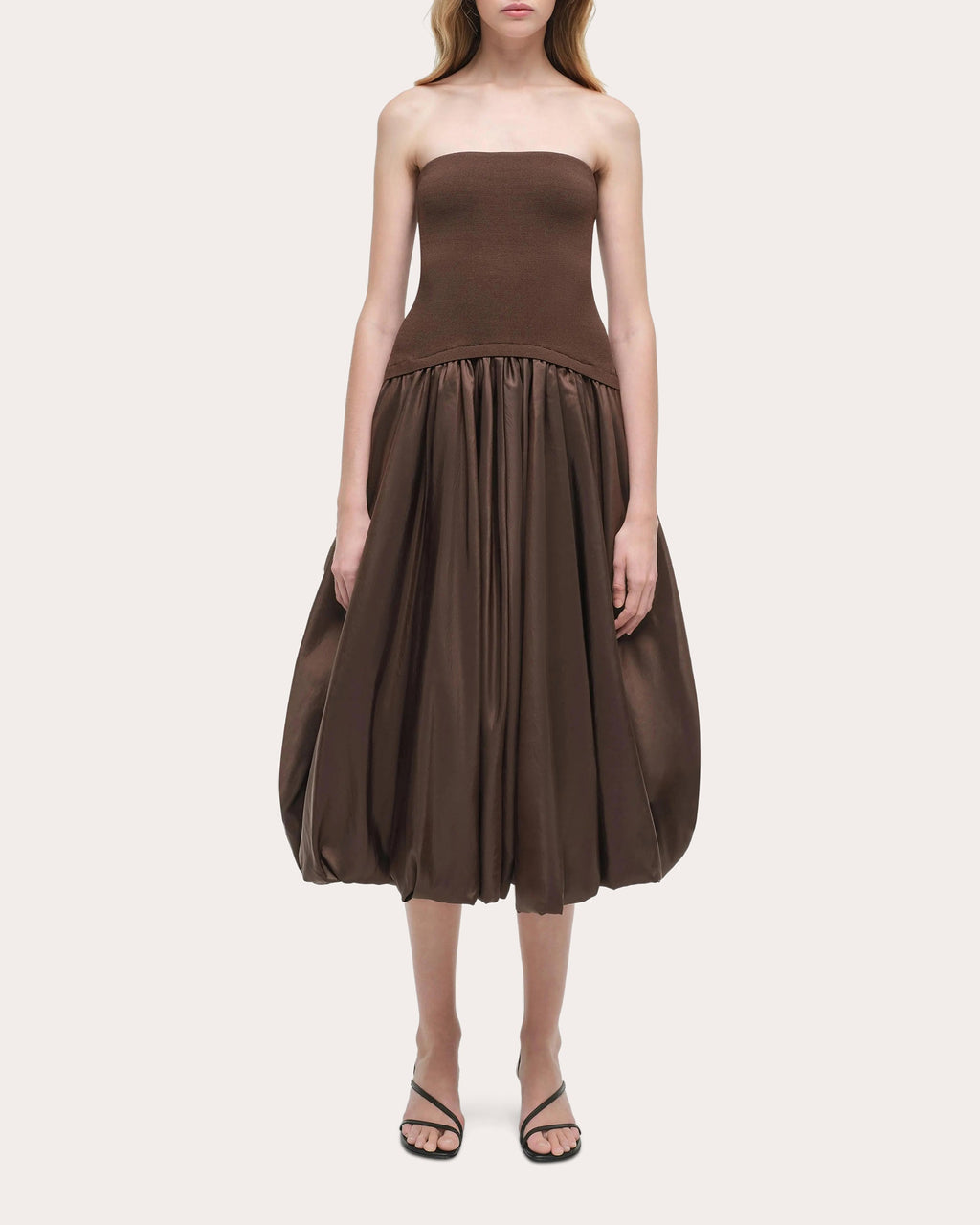 Izzy Knit Taffeta Gathered Strapless Midi Dress