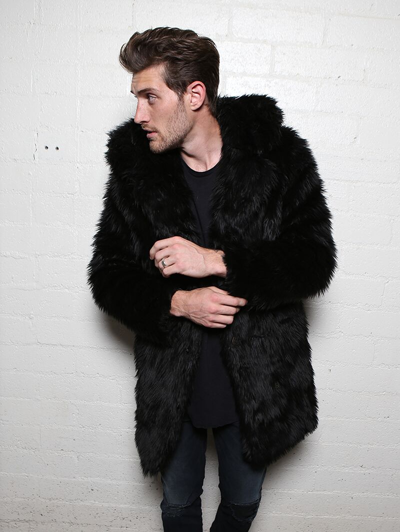 Classic Men's Faux Fur Coat | Black Wolf