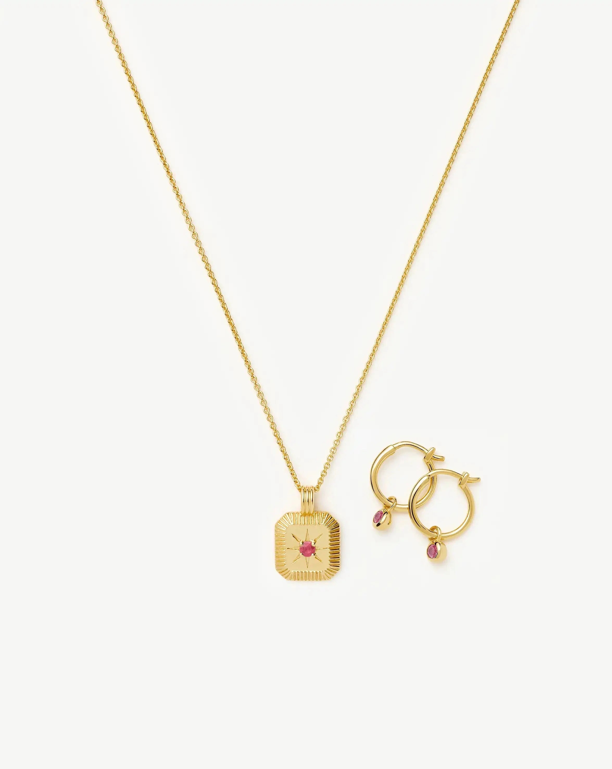 July Birthstone Necklace & Charm Earrings Set | 18ct Gold Vermeil/Glass Filled Ruby