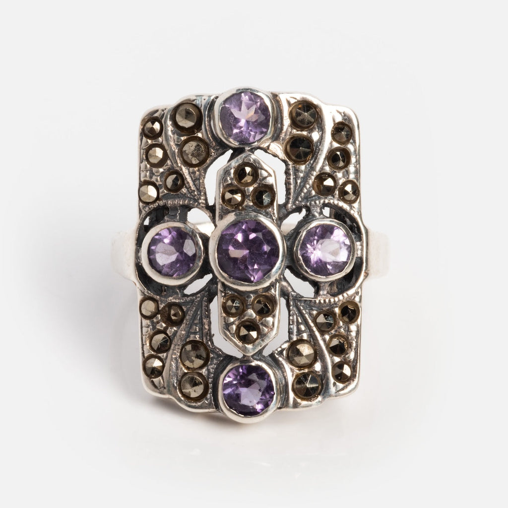 Vintage Silver Amethyst Mid Century Art Deco Ring