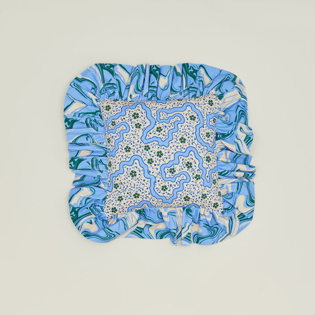 Ruffled Floral Cushion - Cornflower